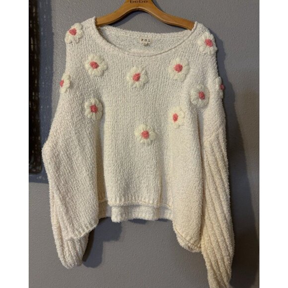 Anthropologie POL Sweater Top Medium M Cream Pink Flower Puffs Washable NEW - Picture 10 of 13